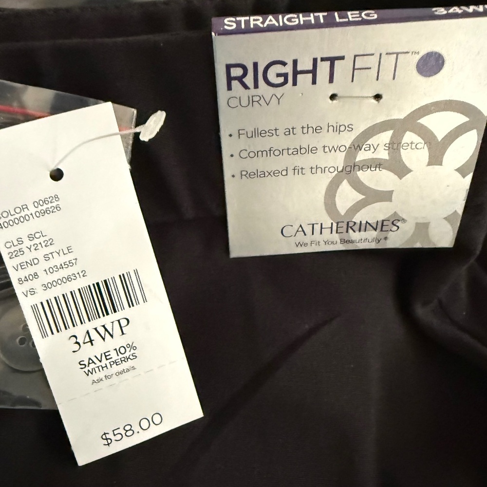 Catherine’s Right Fit Curvy black straight leg pants.  Size 34WP